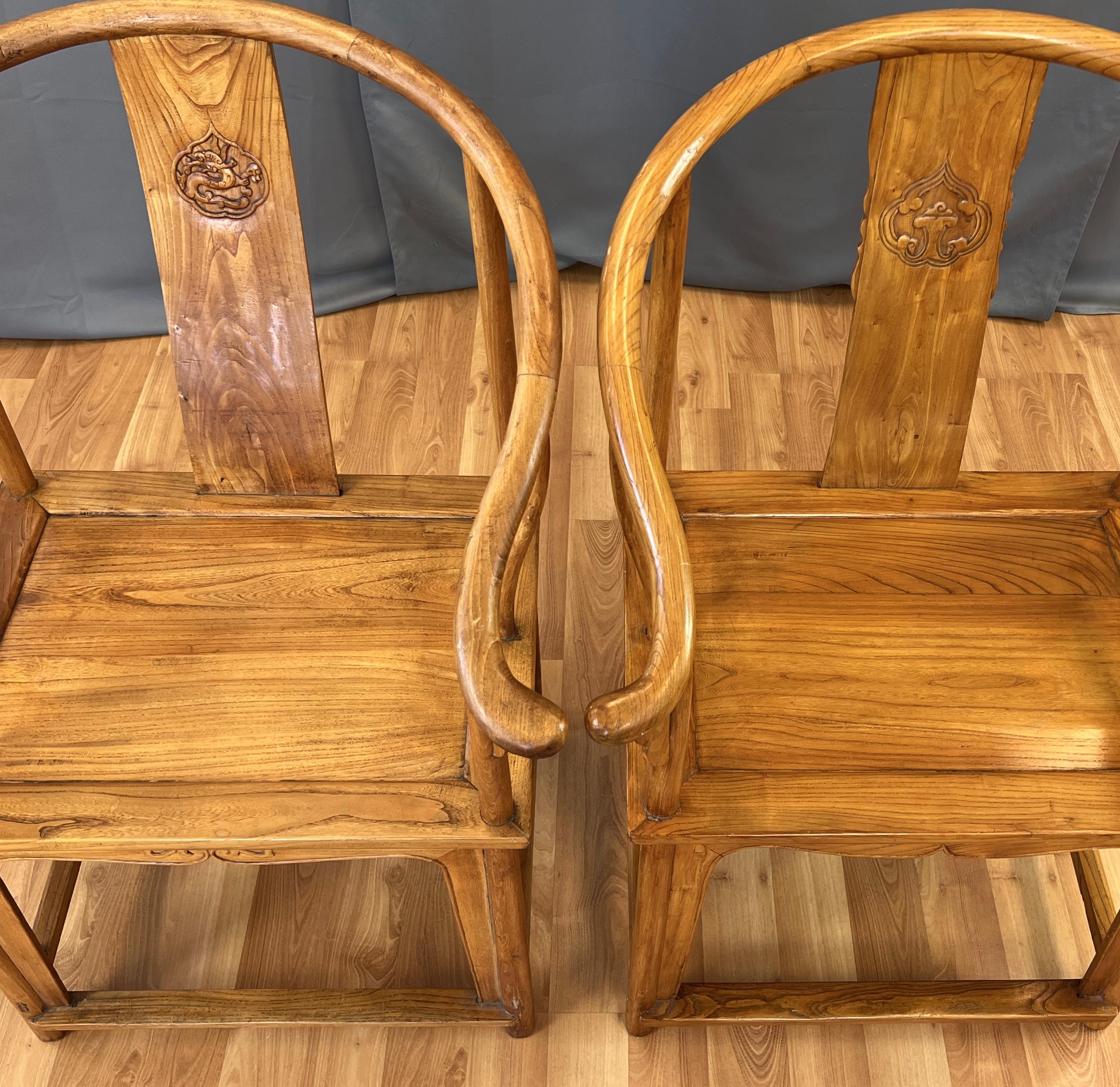 Pair 19th Century Chinese Elm Wood Horseshoe Chairs Qing Dynasty For Sale 10