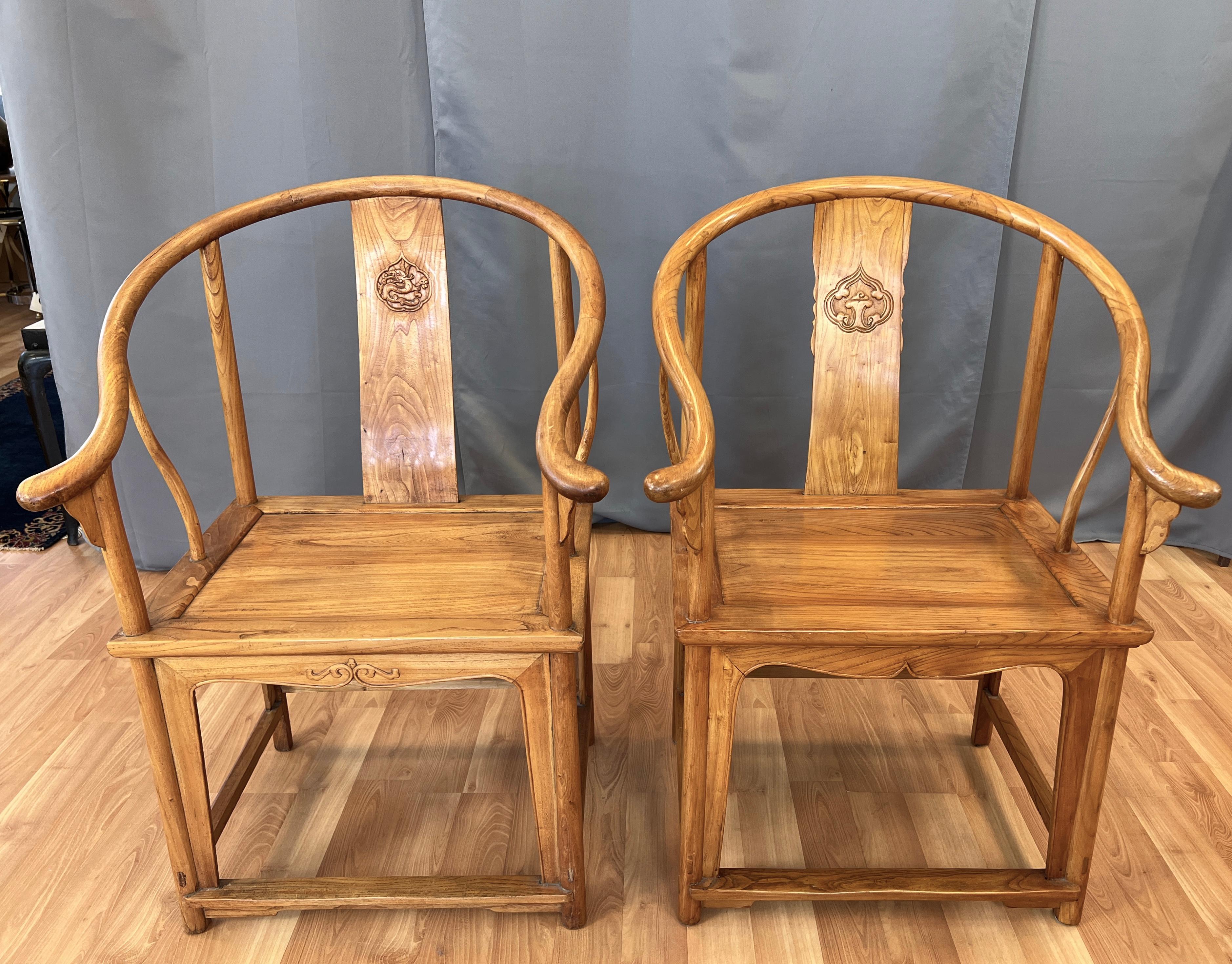 Pair 19th Century Chinese Elm Wood Horseshoe Chairs Qing Dynasty In Good Condition For Sale In San Francisco, CA