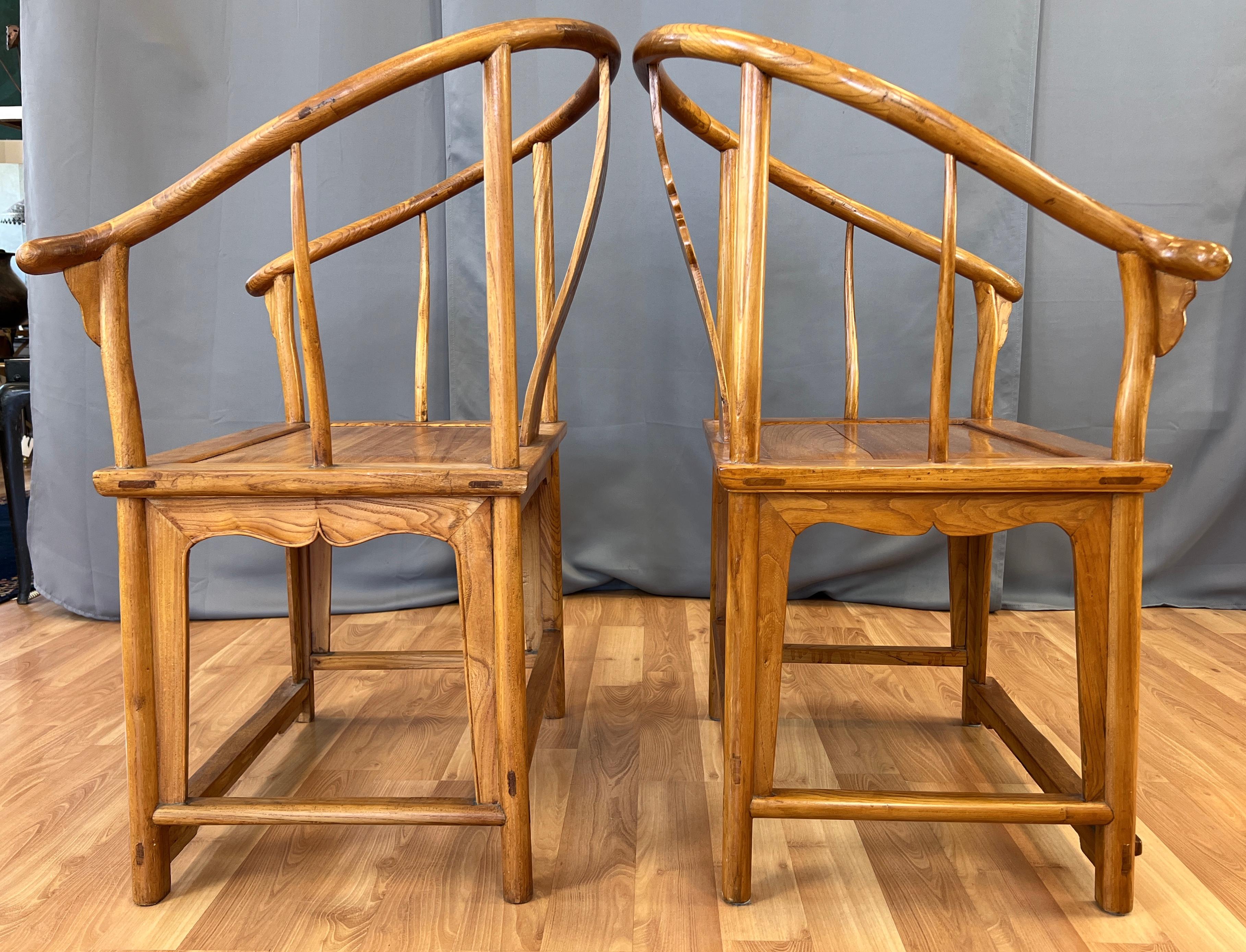 Pair 19th Century Chinese Elm Wood Horseshoe Chairs Qing Dynasty For Sale 1
