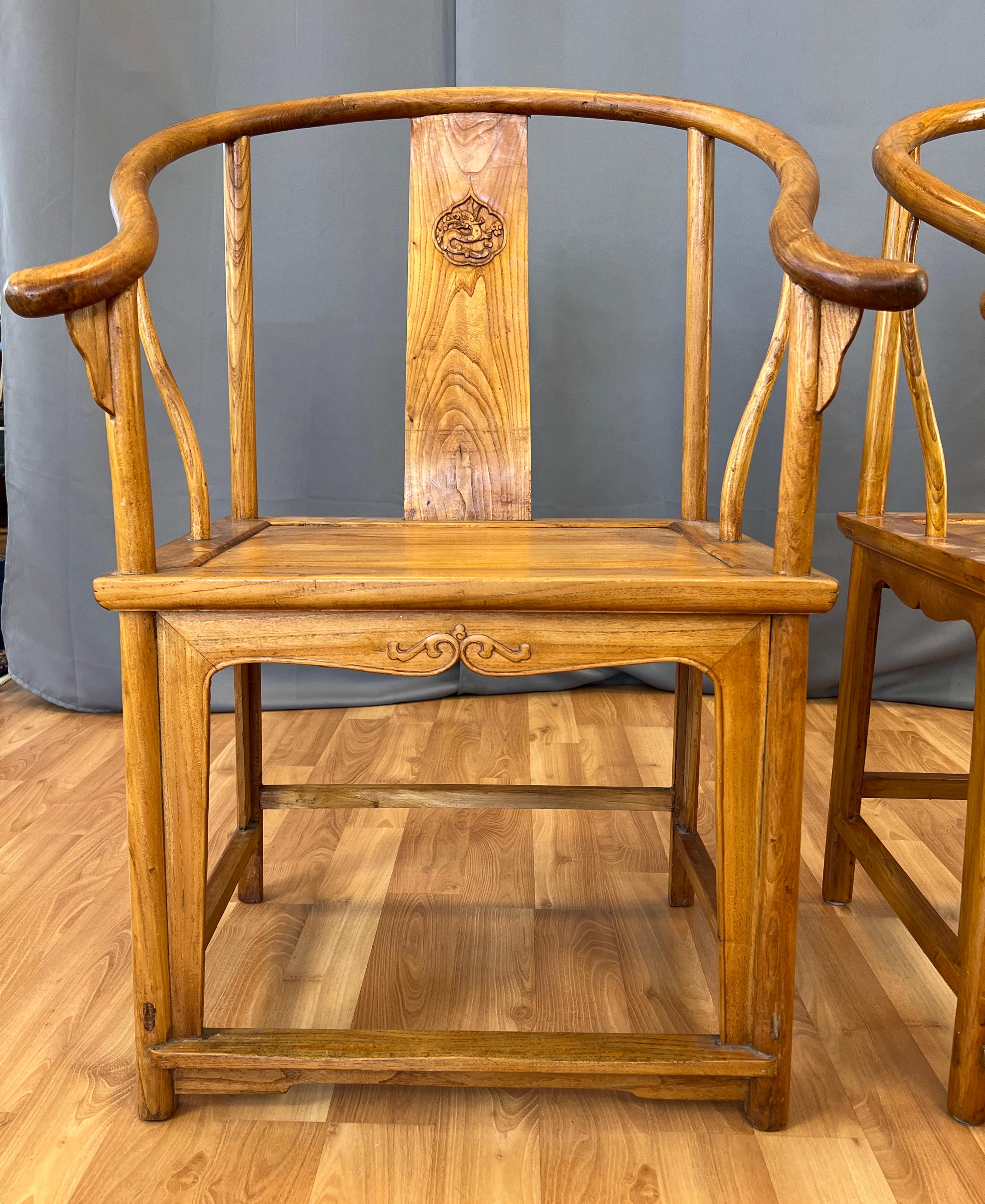 Pair 19th Century Chinese Elm Wood Horseshoe Chairs Qing Dynasty For Sale 4