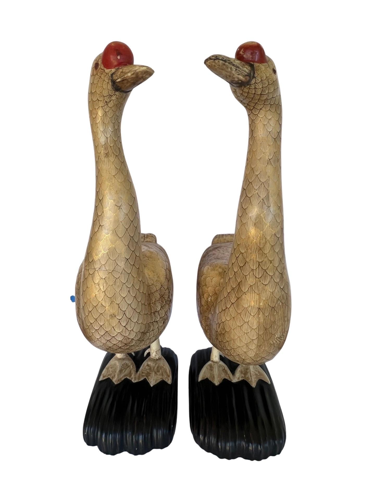 Pair, 19th Century Chinese Export Carved Wood & Gilt Lacquered Geese Statues In Good Condition In Atlanta, GA