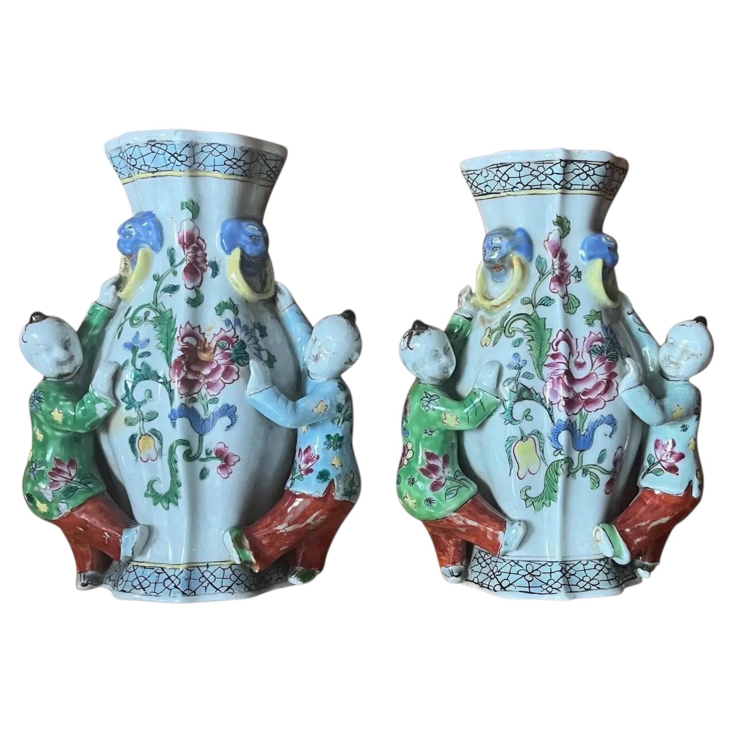 Pair 19th Century Chinese Export Porcelain Famille Rose Wall Pocket Vases For Sale
