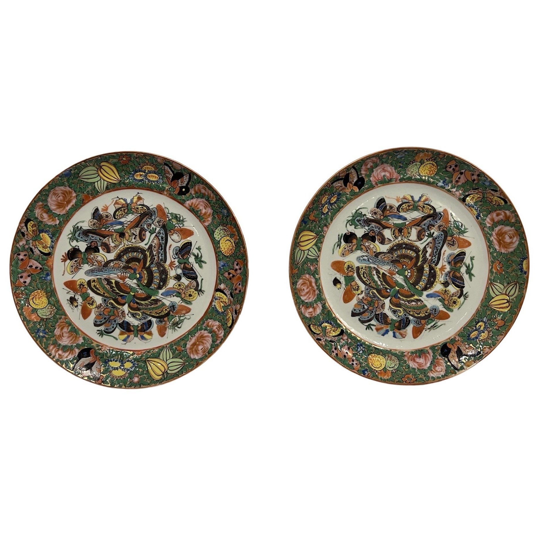 Paar chinesische Export-Porzellanteller „Thousand Butterfly“ aus dem 19. Jahrhundert 9,5“