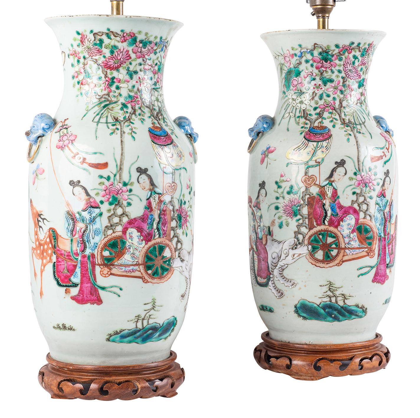 Pair 19th Century Chinese Famille Famille Rose Vases / Lamps 5