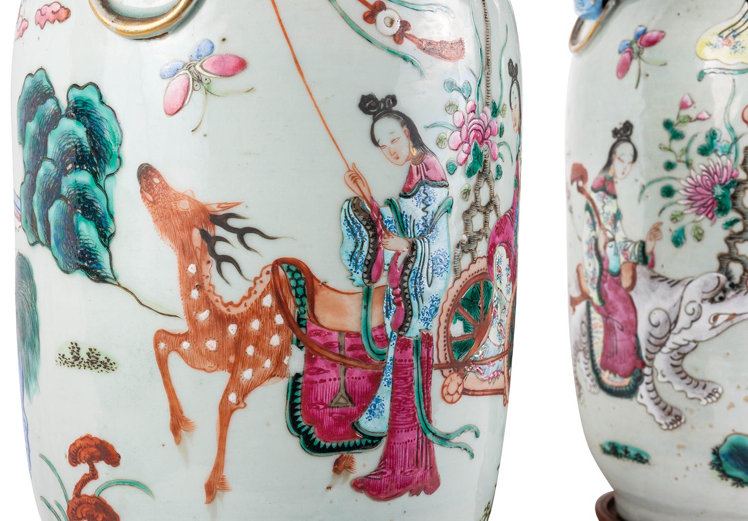Pair 19th Century Chinese Famille Famille Rose Vases / Lamps 7