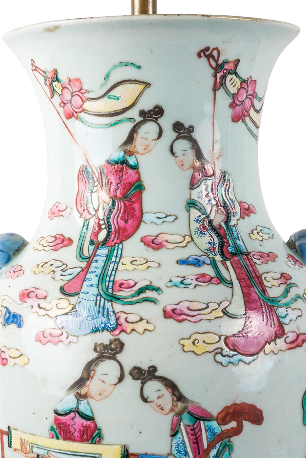 Hand-Painted Pair 19th Century Chinese Famille Famille Rose Vases / Lamps