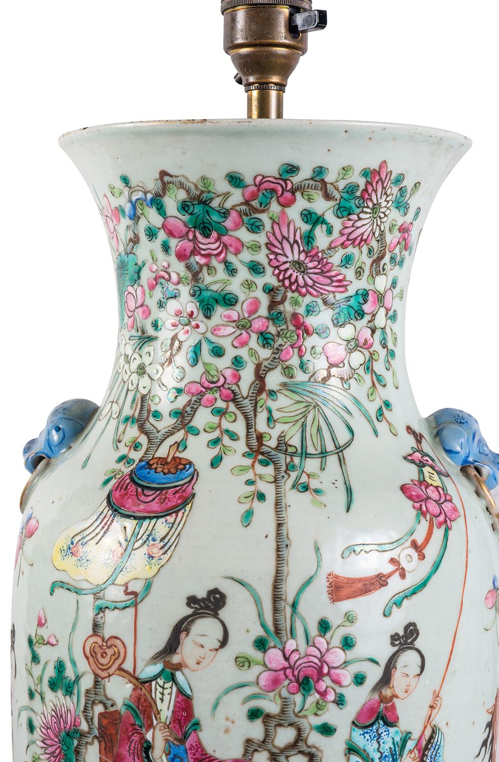 Pair 19th Century Chinese Famille Famille Rose Vases / Lamps In Good Condition In Brighton, Sussex