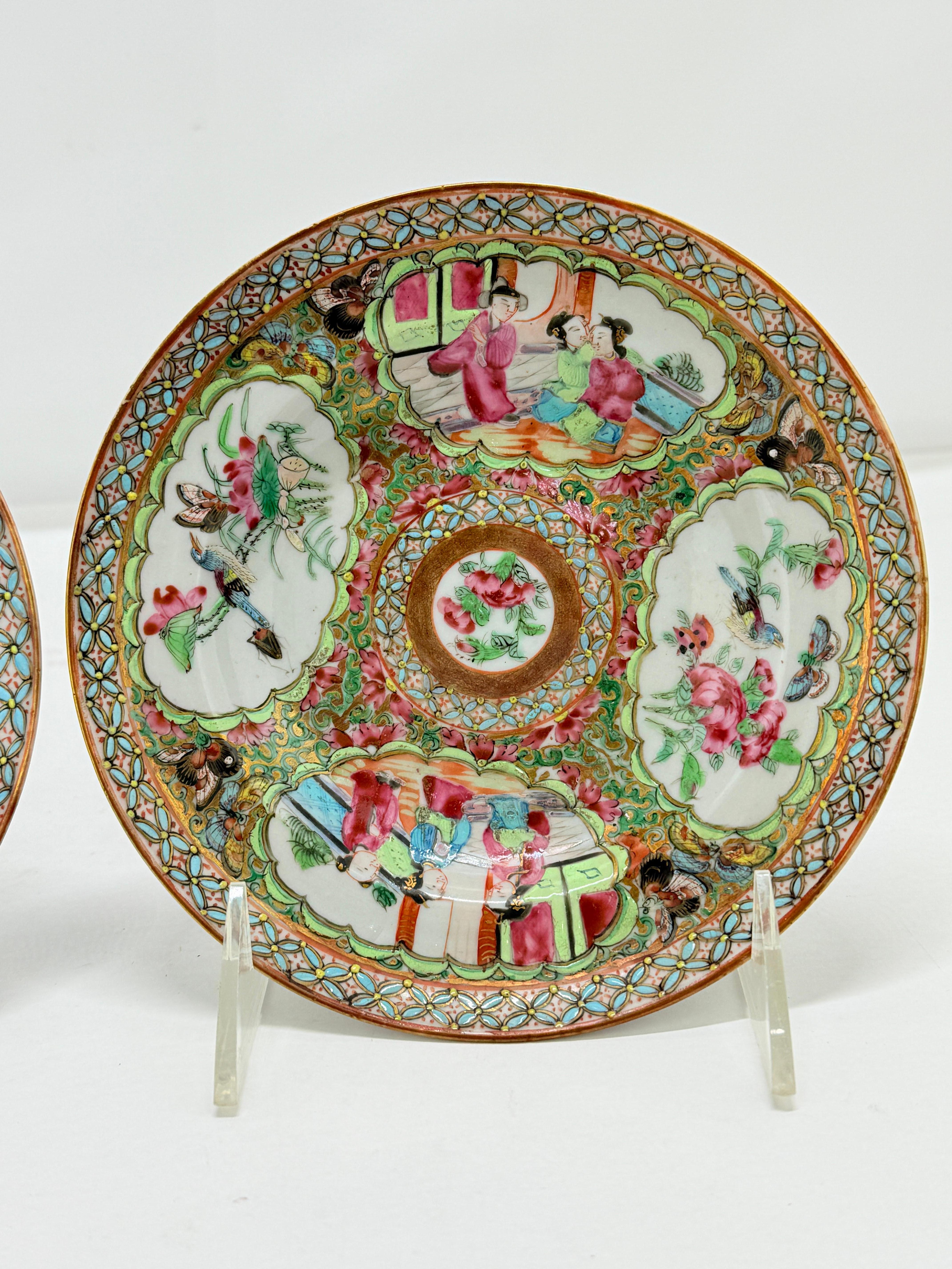Chinese Export Pair, 19th Century Chinese Famille Rose Medallion Saucers For Sale