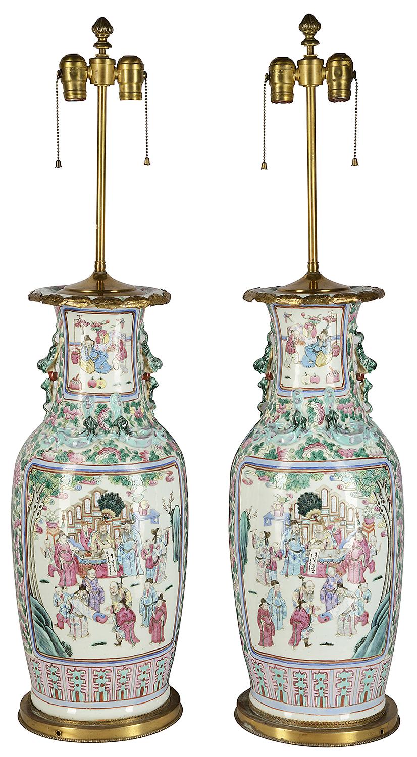 Porcelain Pair of 19th Century Chinese Famille Rose Vase/Lamps