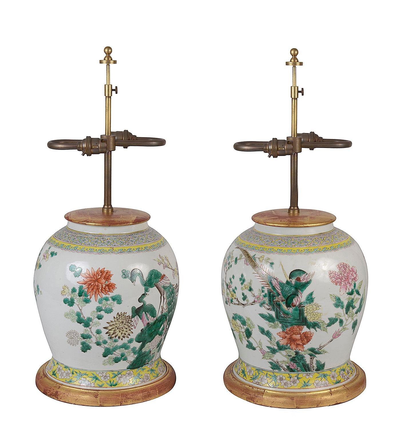 Pair 19th Century Chinese Famille Rose vases / lamps. In Good Condition In Brighton, Sussex