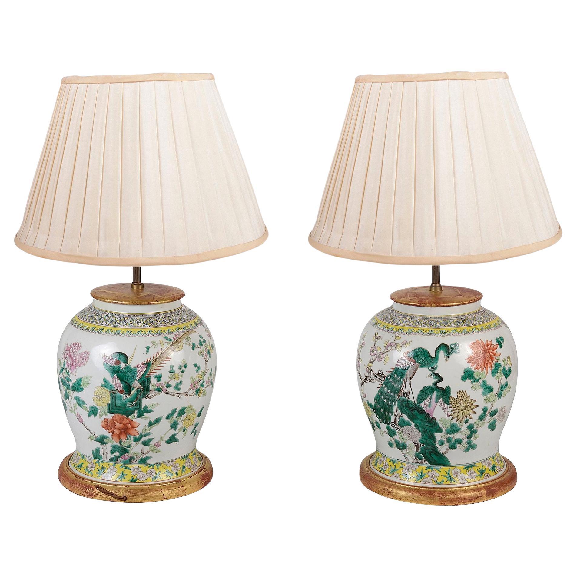 Pair 19th Century Chinese Famille Rose vases / lamps.