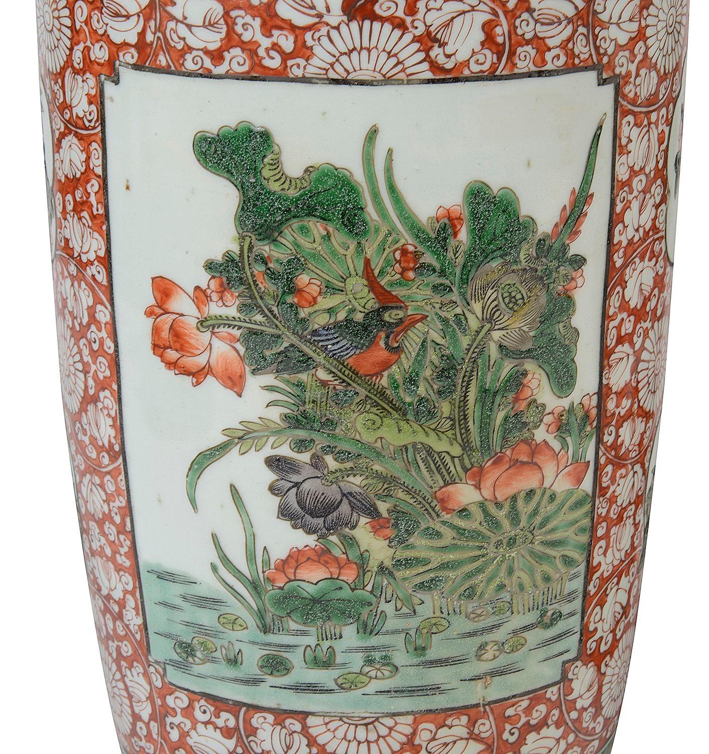 Hand-Painted Pair 19th Century Chinese Famille Verte vases / lamps For Sale