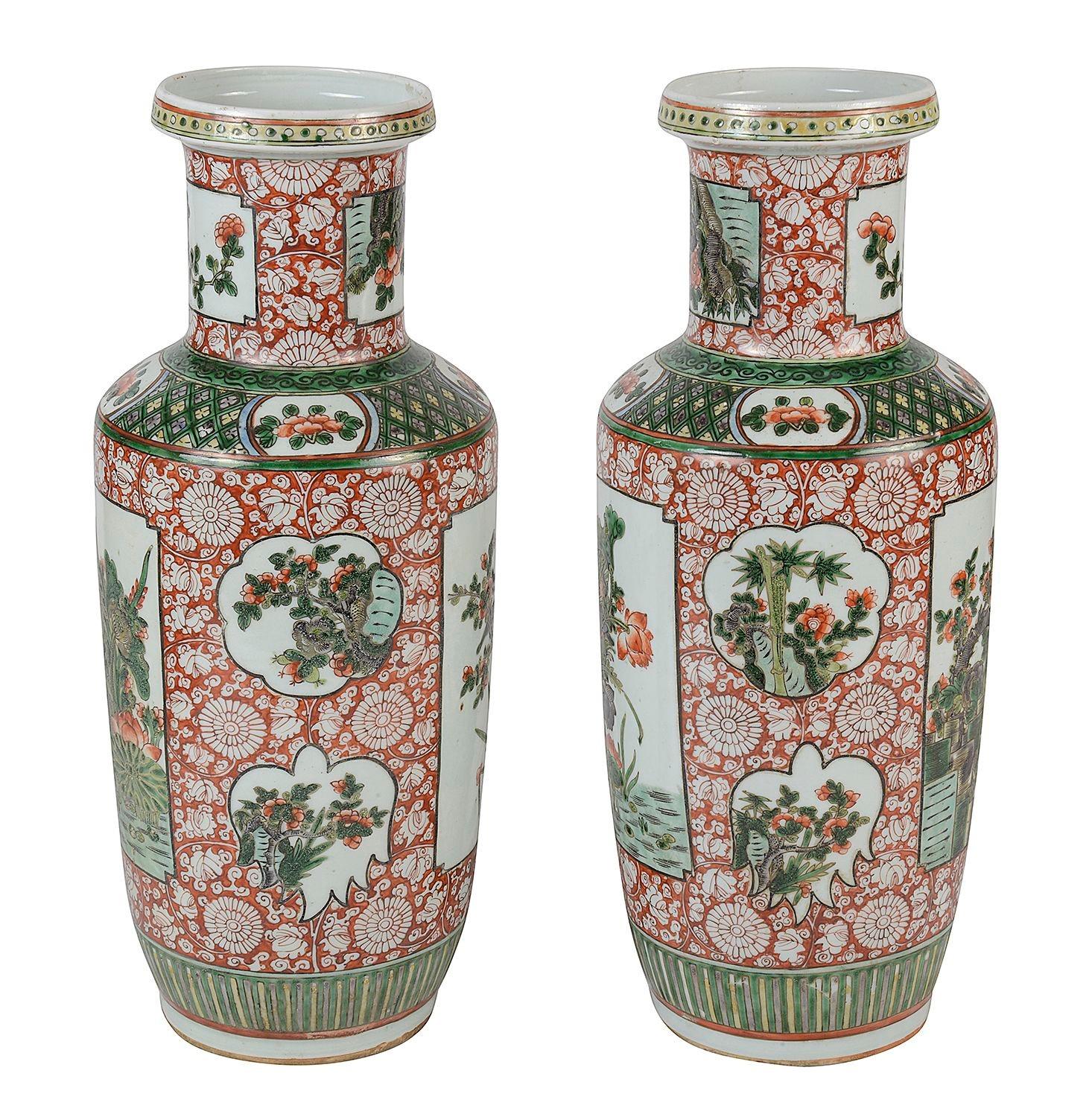 Porcelain Pair 19th Century Chinese Famille Verte vases / lamps For Sale