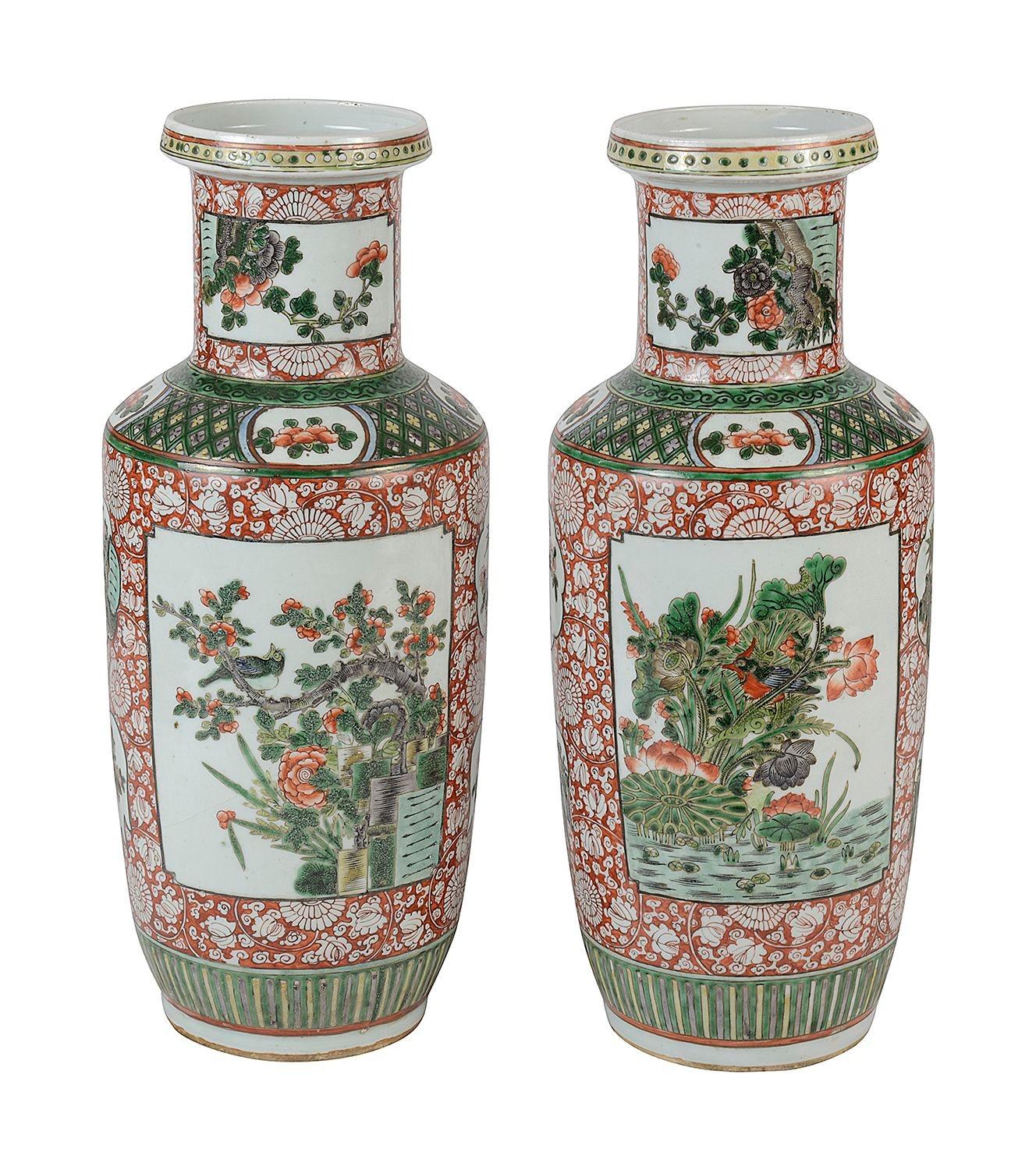 Pair 19th Century Chinese Famille Verte vases / lamps For Sale 1