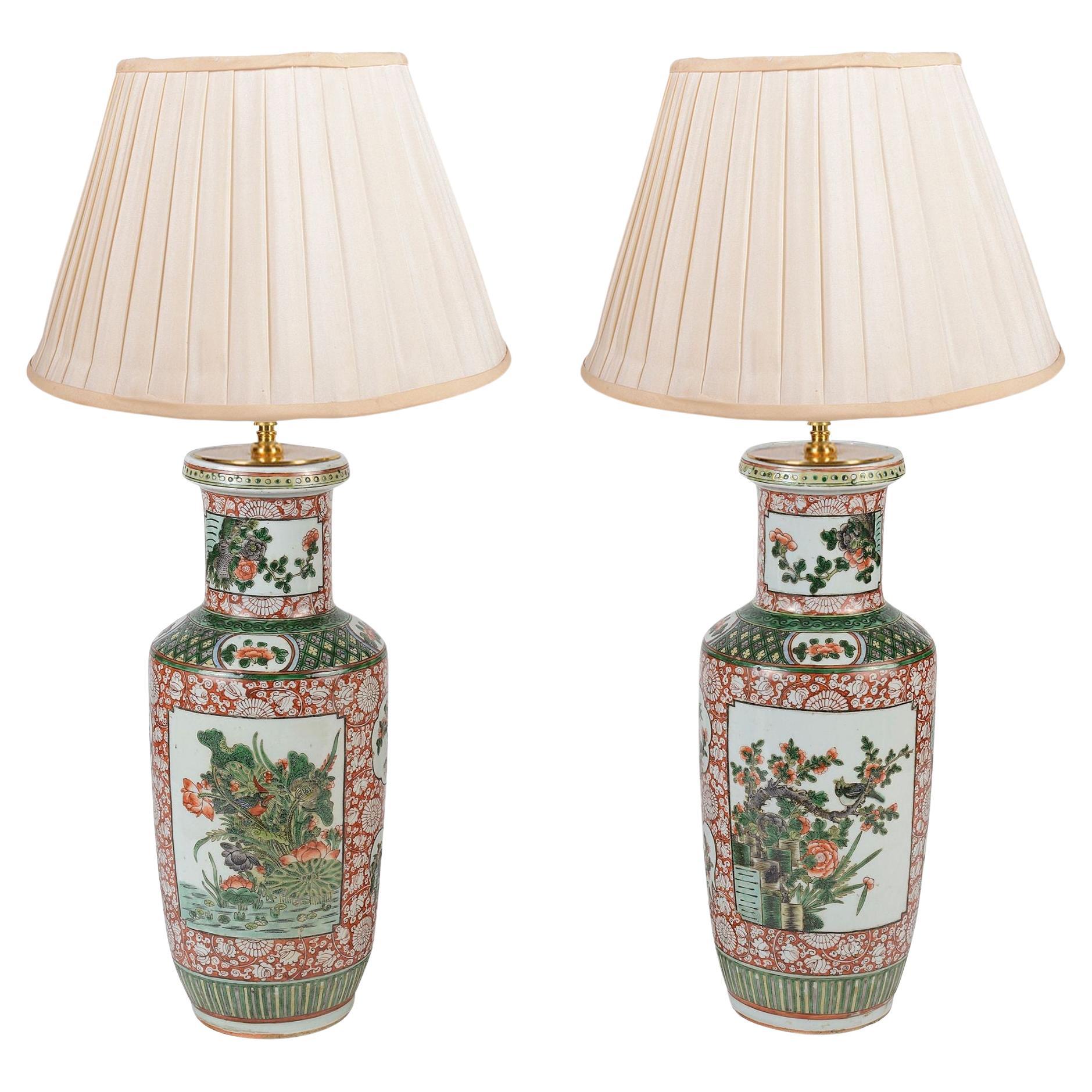 Pair 19th Century Chinese Famille Verte vases / lamps For Sale