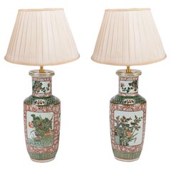 Pair 19th Century Chinese Famille Verte vases / lamps