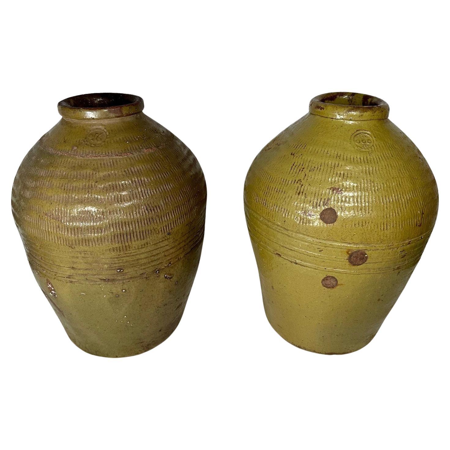 Pair 19th Century Chinese Glazed Pickling Jars.