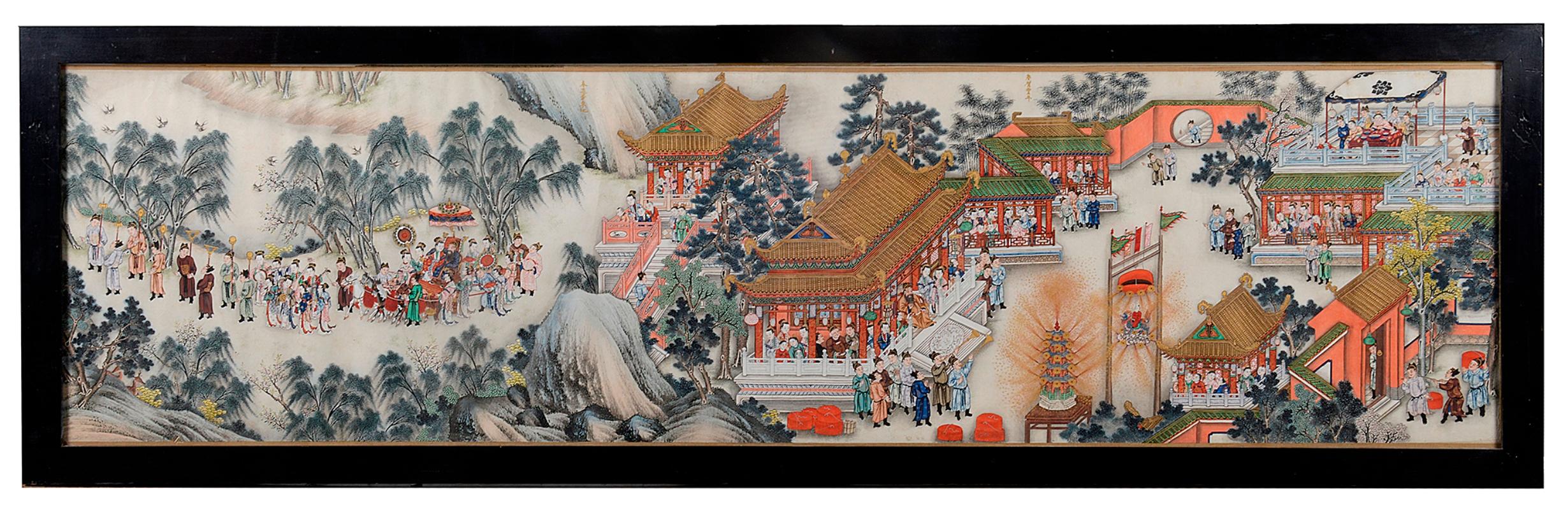A wonderful quality hand painted pair of Gouache and gilt paper scrolls. Each depicting processions of courtiers in carriages, walking, in boats and pagoda buildings. Mounted in ebonized and glazed frames.