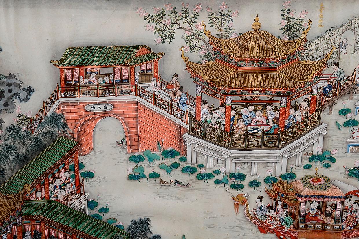 Peinture Paire de volutes de processions chinoises peintes à la main du 19ème siècle en vente