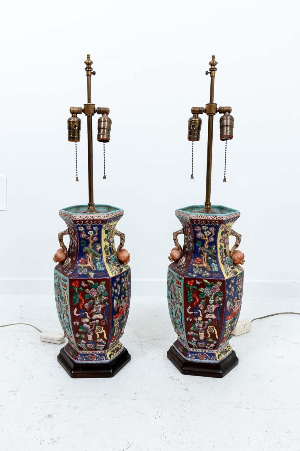 Decorative 19th century vibrant colored table lamps. Hexagonal in shape. 
