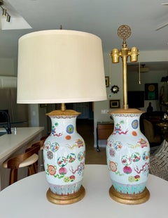 Pair 19th Century Chinese Marbro Famille Rose Porcelain Table Lamps