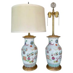 Pair 19th Century Chinese Marbro Famille Rose Porcelain Table Lamps
