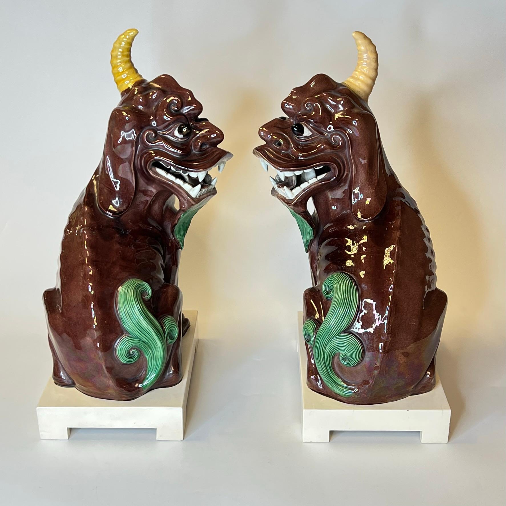 Pair Chinese Polychrome Glazed Porcelain Mythological Unicorns 6