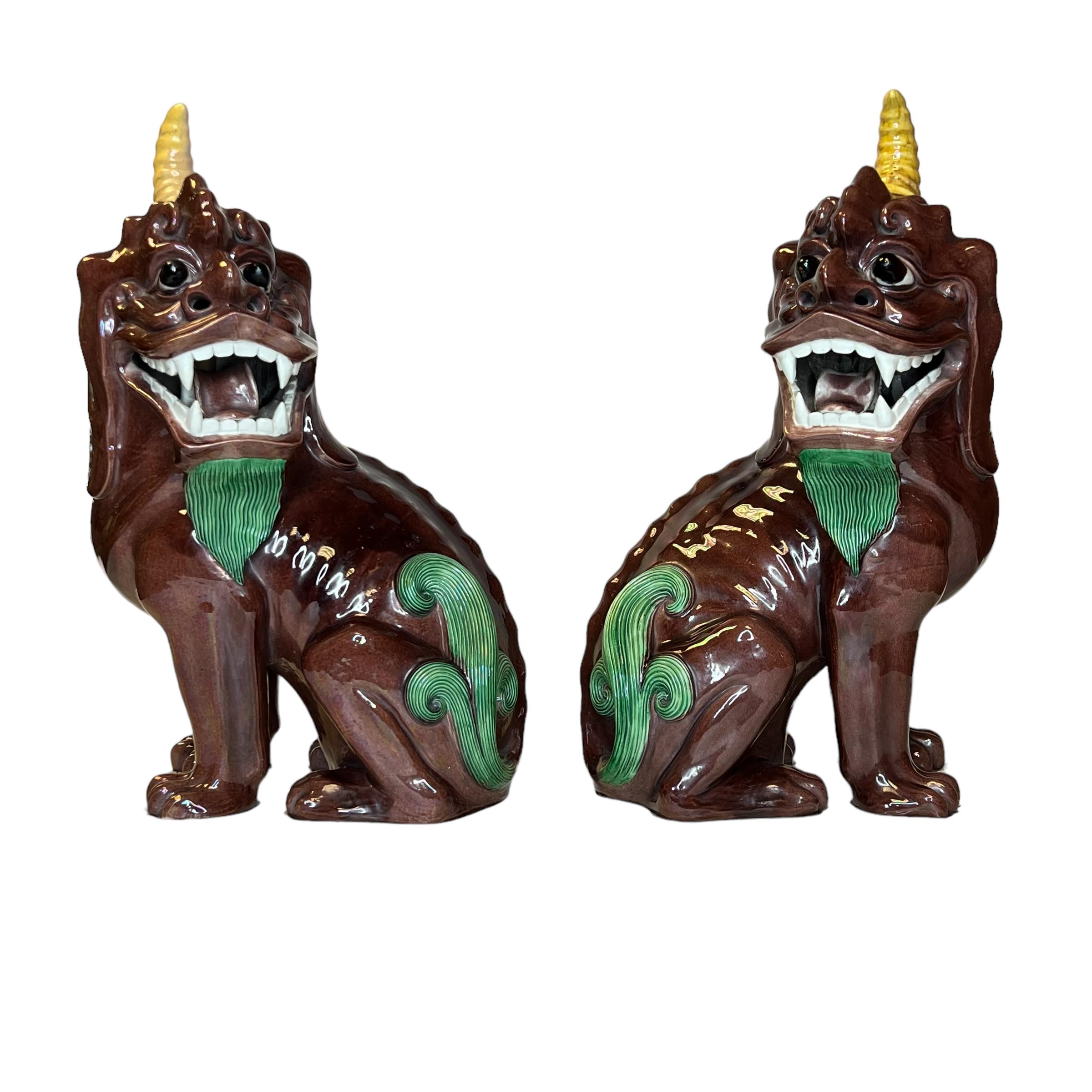 20th Century Pair Chinese Polychrome Glazed Porcelain Mythological Unicorns