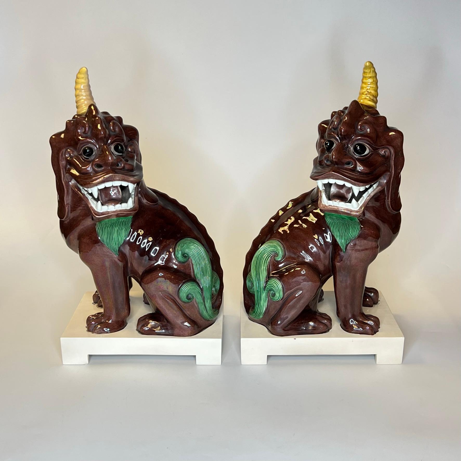 Ceramic Pair Chinese Polychrome Glazed Porcelain Mythological Unicorns