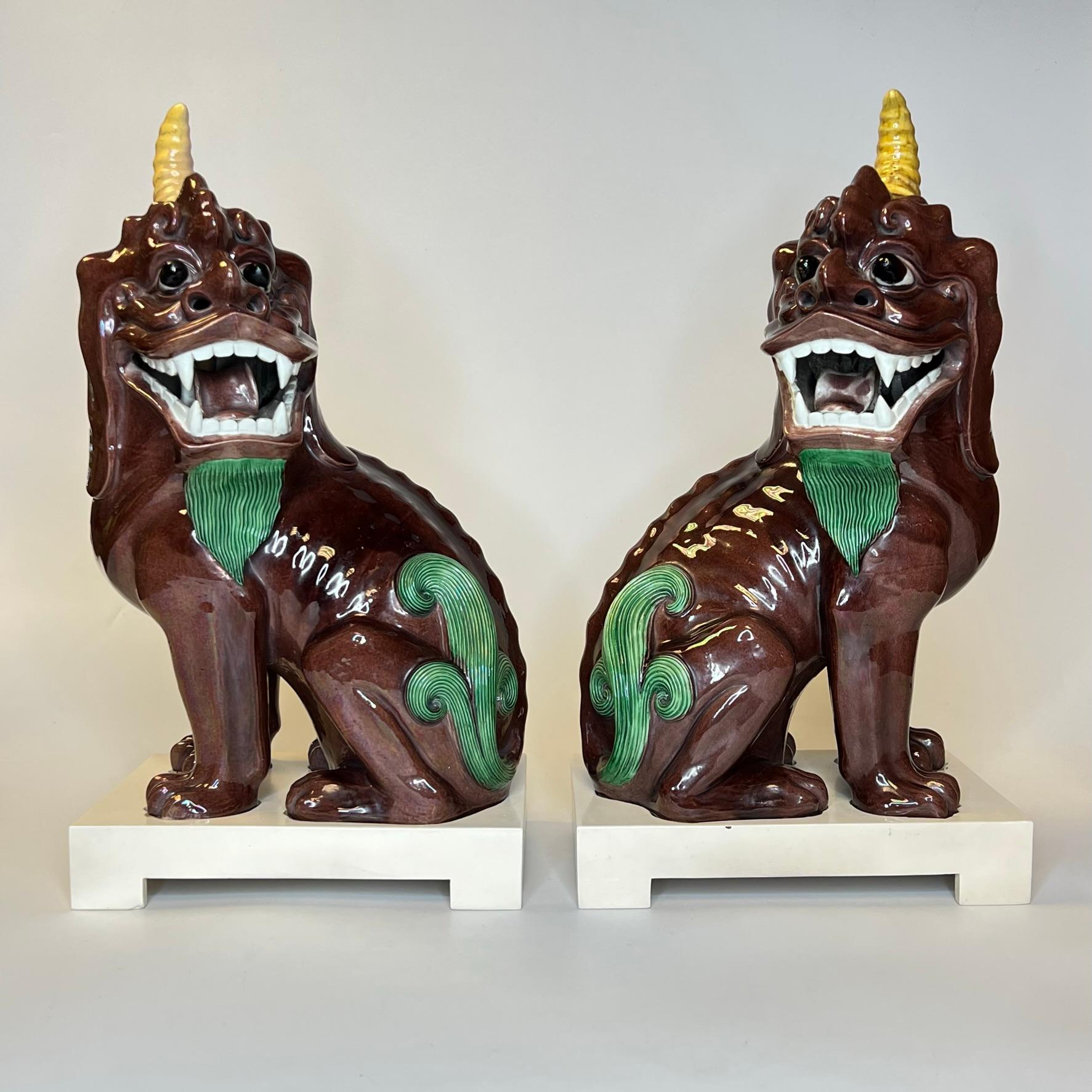 Pair Chinese Polychrome Glazed Porcelain Mythological Unicorns 1