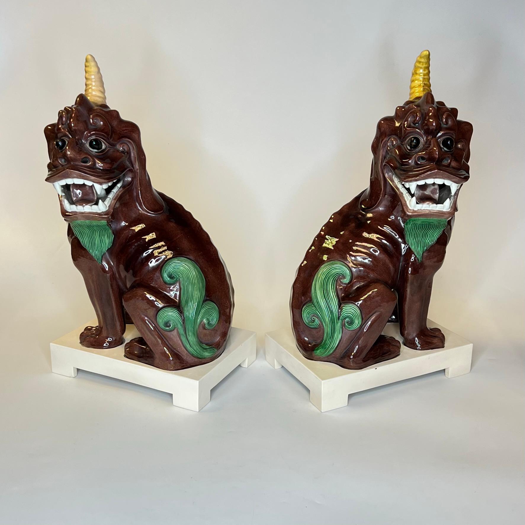 Pair Chinese Polychrome Glazed Porcelain Mythological Unicorns 2