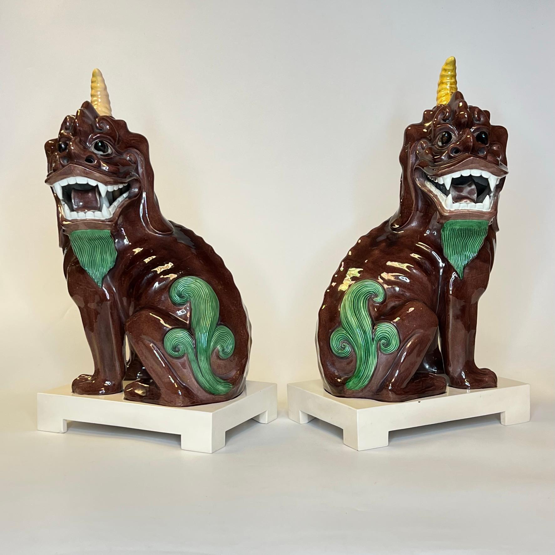 Pair Chinese Polychrome Glazed Porcelain Mythological Unicorns 3
