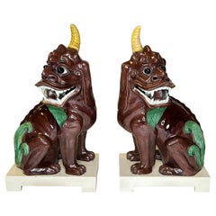 Pair Chinese Polychrome Glazed Porcelain Mythological Unicorns