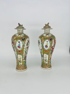 Pair, 19th Century Chinese Rose Medallion Porcelain Lidded Urns