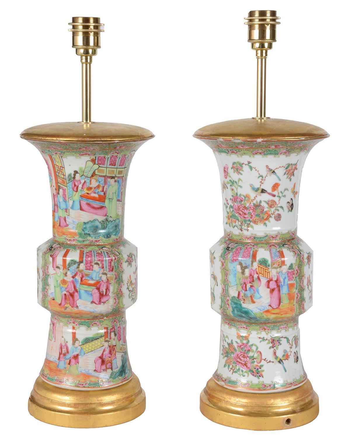 Pair 19th century Chinese Rose medallion / Cantonese spill vases, each with the classical Green ground, wonderful floral and foliate decoration with exotic birds, inset hand painted scenes of various courtiers. Mounted with carved gilt wood bases