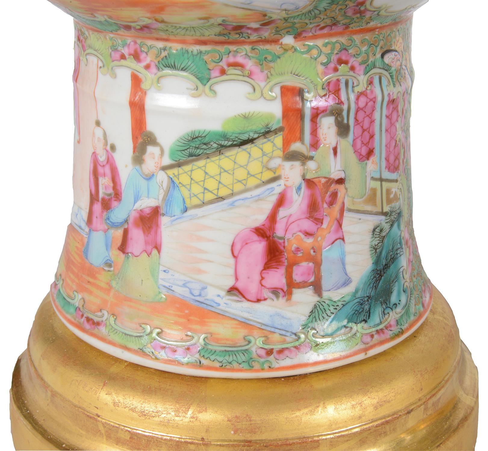 Hand-Painted Pair 19th Century Chinese Rose Medallion Vases / Lamps For Sale
