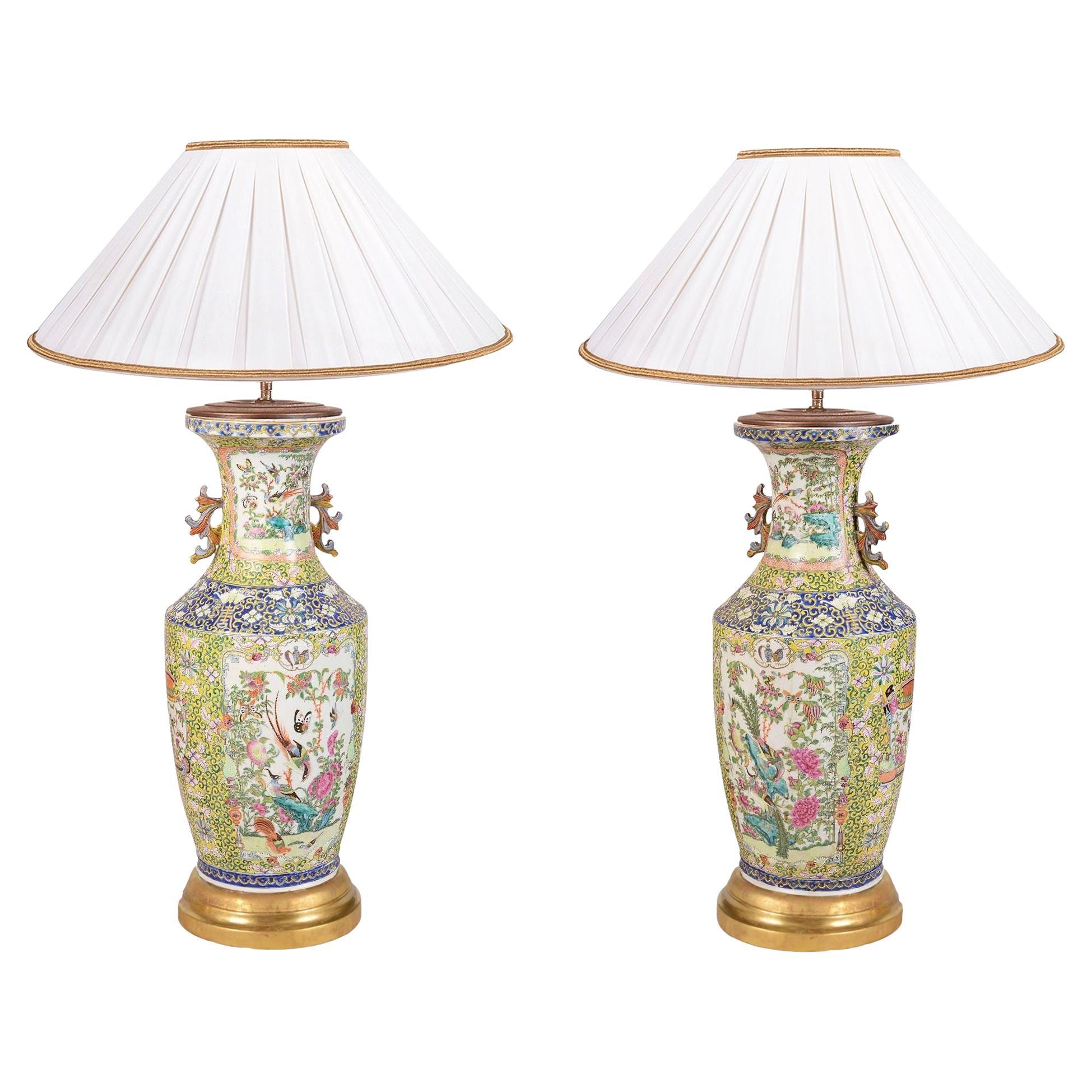 Pair 19th Century Chinese Rose Medallion Vases / Lamps For Sale