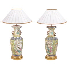 Pair 19th Century Chinese Rose Medallion Vases / Lamps