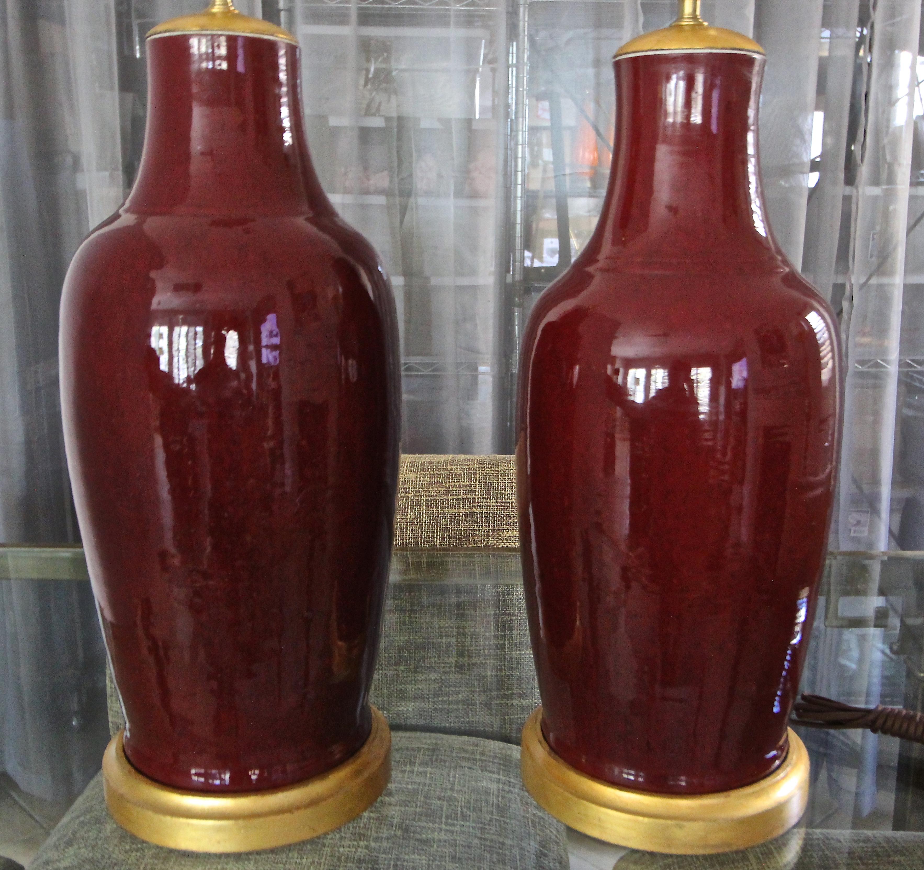 Pair 19th Century Chinese Sang De Boeuf Oxblood Porcelain Table Lamps 6