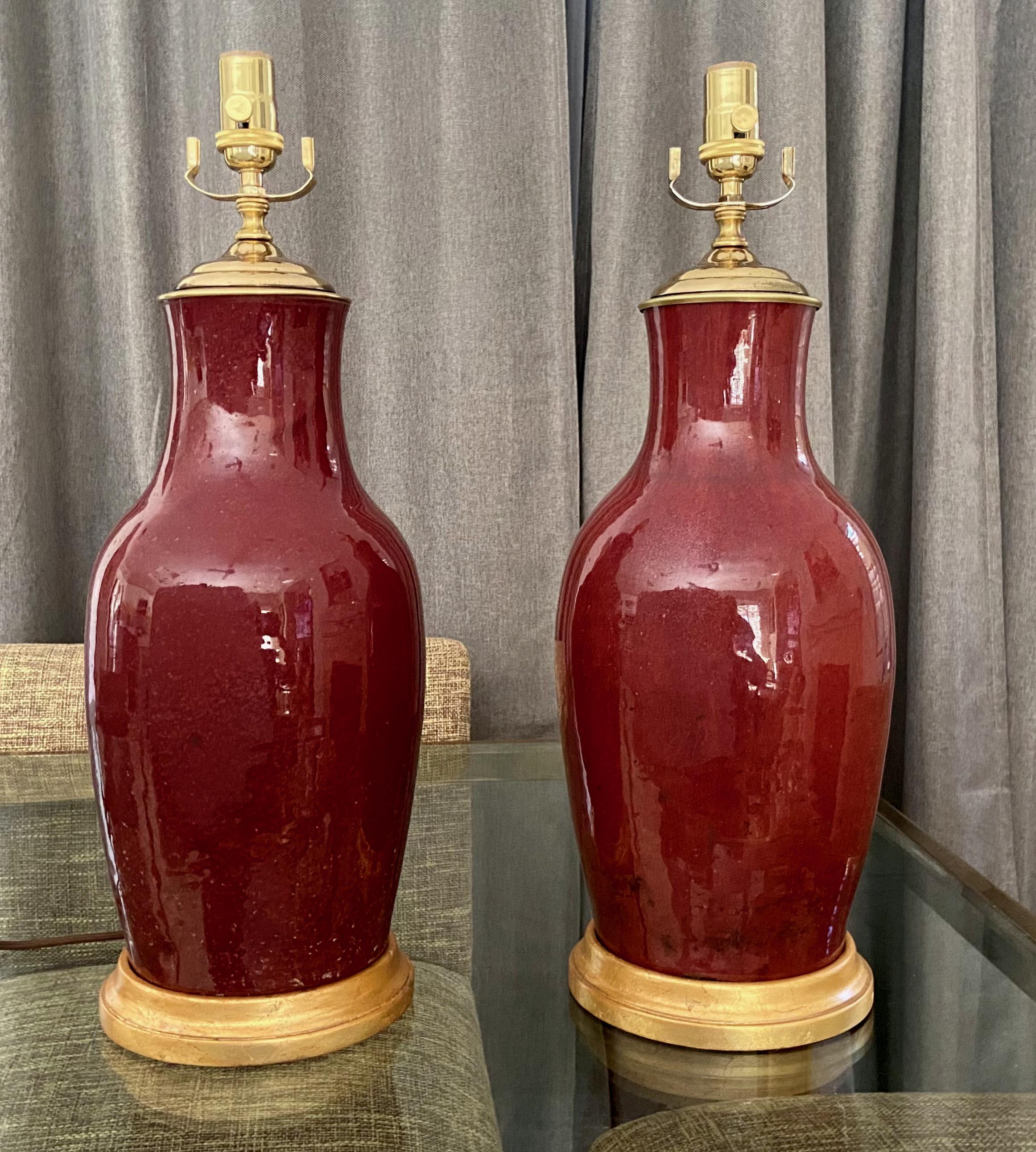 Pair 19th Century Chinese Sang De Boeuf Oxblood Porcelain Table Lamps 15
