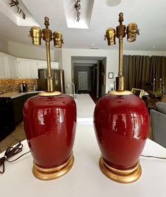Pair 19th Century Chinese Sang De Boeuf Oxblood Porcelain Table Lamps