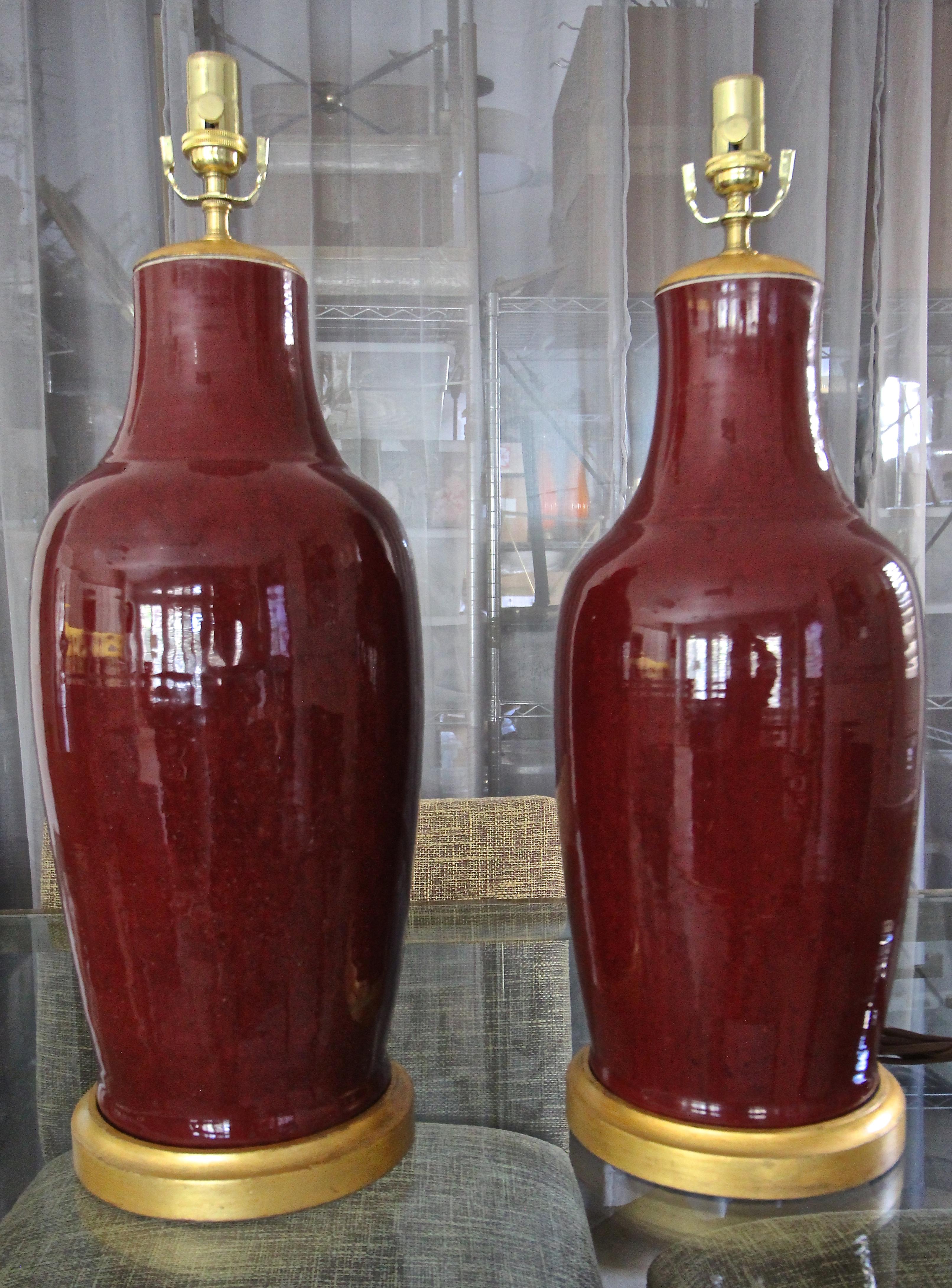 Pair 19th Century Chinese Sang De Boeuf Oxblood Porcelain Table Lamps In Good Condition In Palm Springs, CA