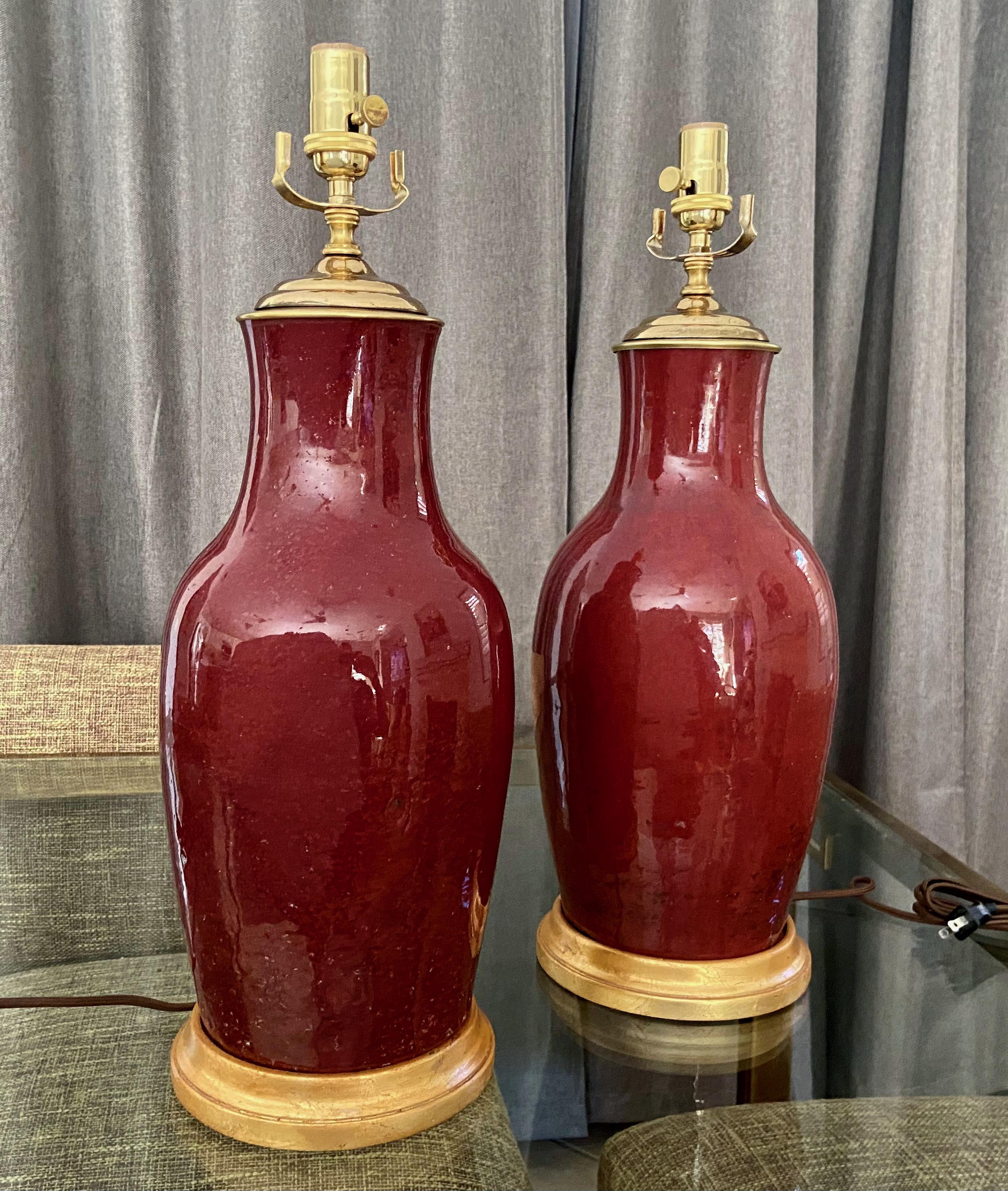 Pair 19th Century Chinese Sang De Boeuf Oxblood Porcelain Table Lamps In Good Condition In Palm Springs, CA
