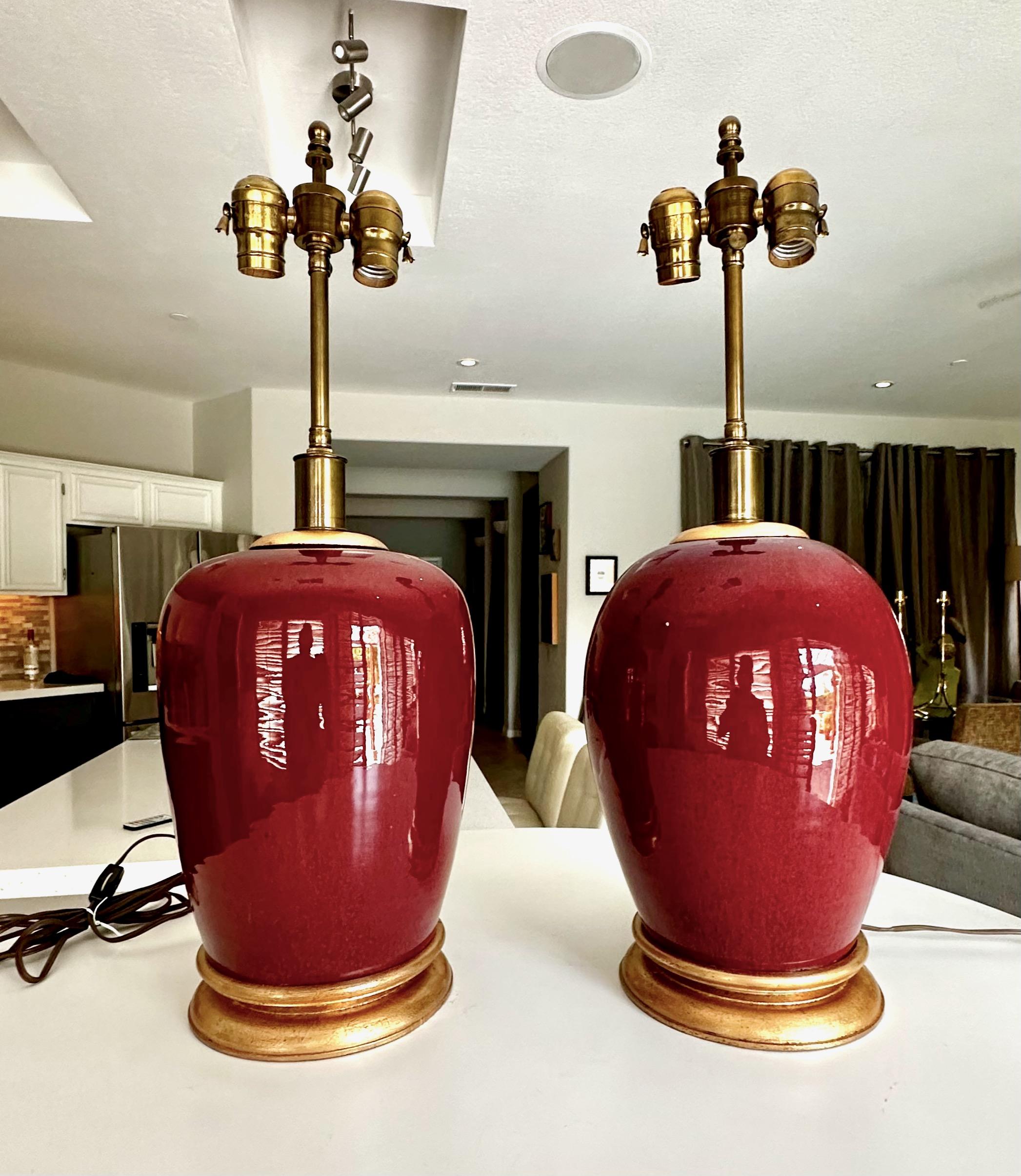 Pair 19th Century Chinese Sang De Boeuf Oxblood Porcelain Table Lamps In Good Condition In Palm Springs, CA
