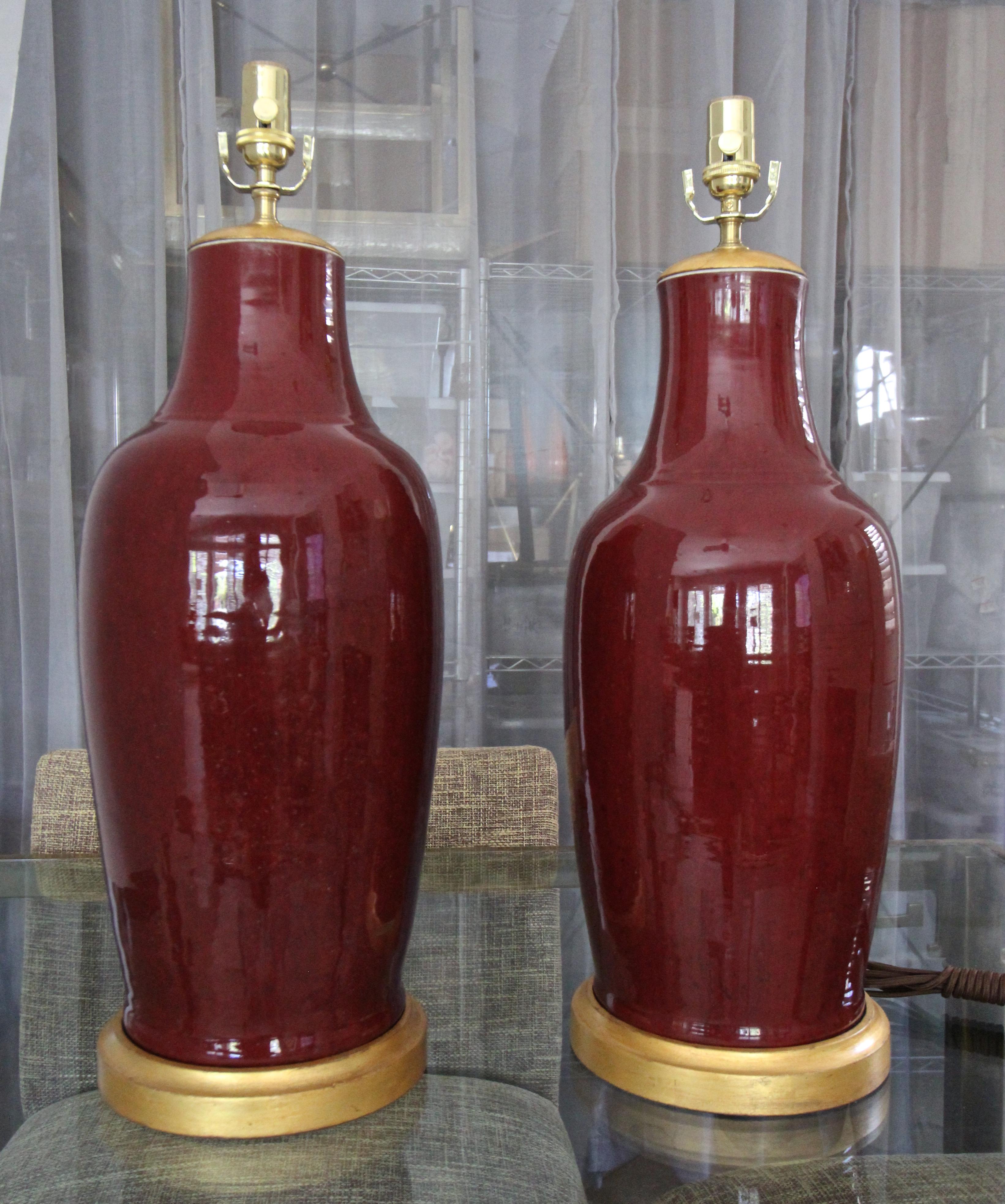 Brass Pair 19th Century Chinese Sang De Boeuf Oxblood Porcelain Table Lamps