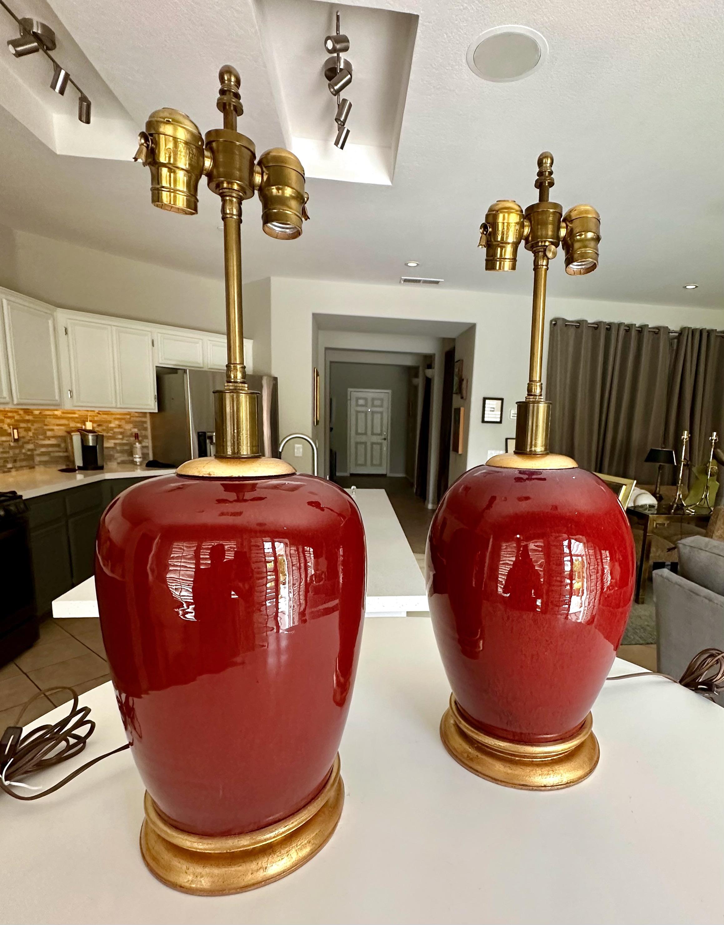 Brass Pair 19th Century Chinese Sang De Boeuf Oxblood Porcelain Table Lamps