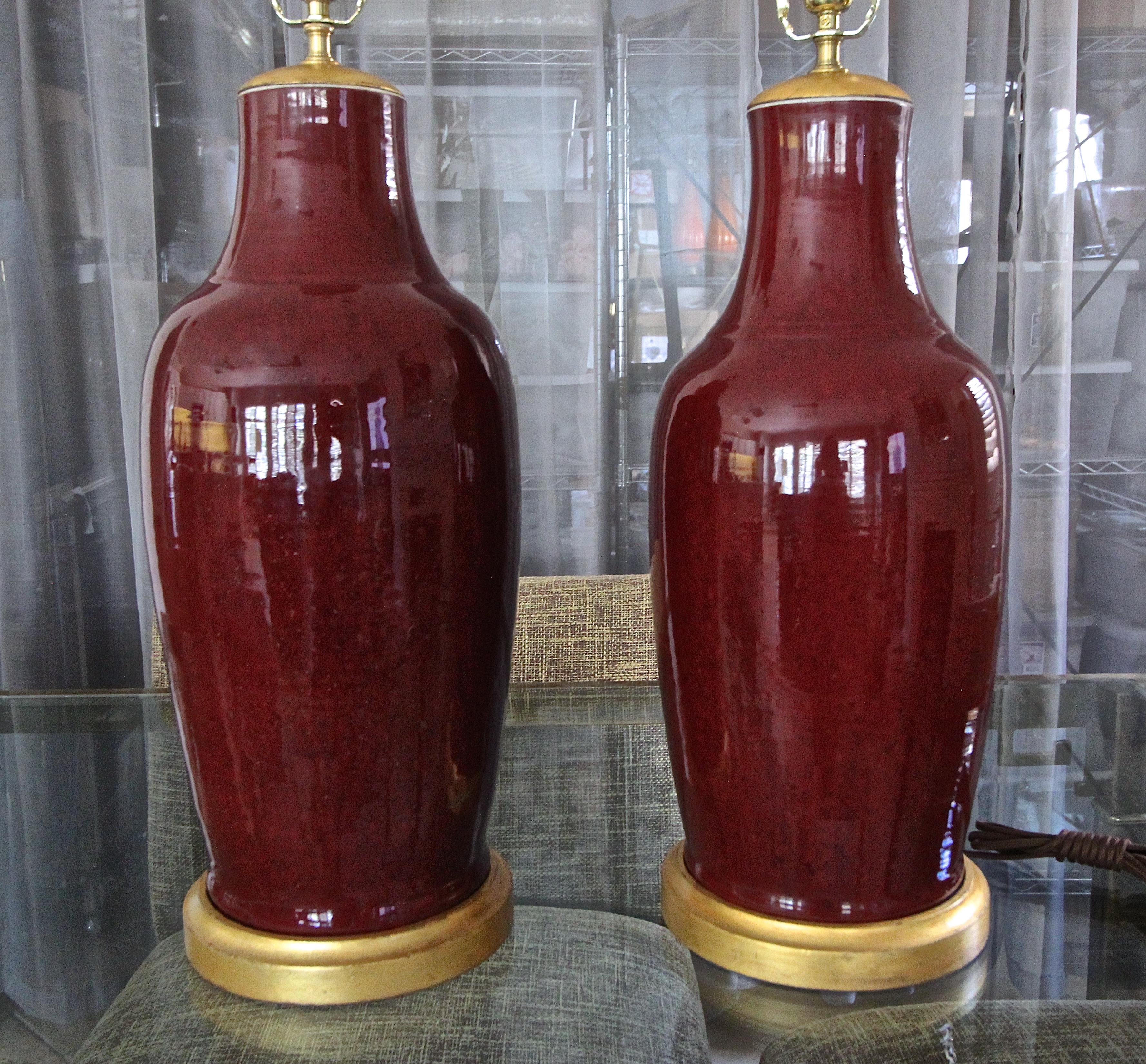Pair 19th Century Chinese Sang De Boeuf Oxblood Porcelain Table Lamps 1