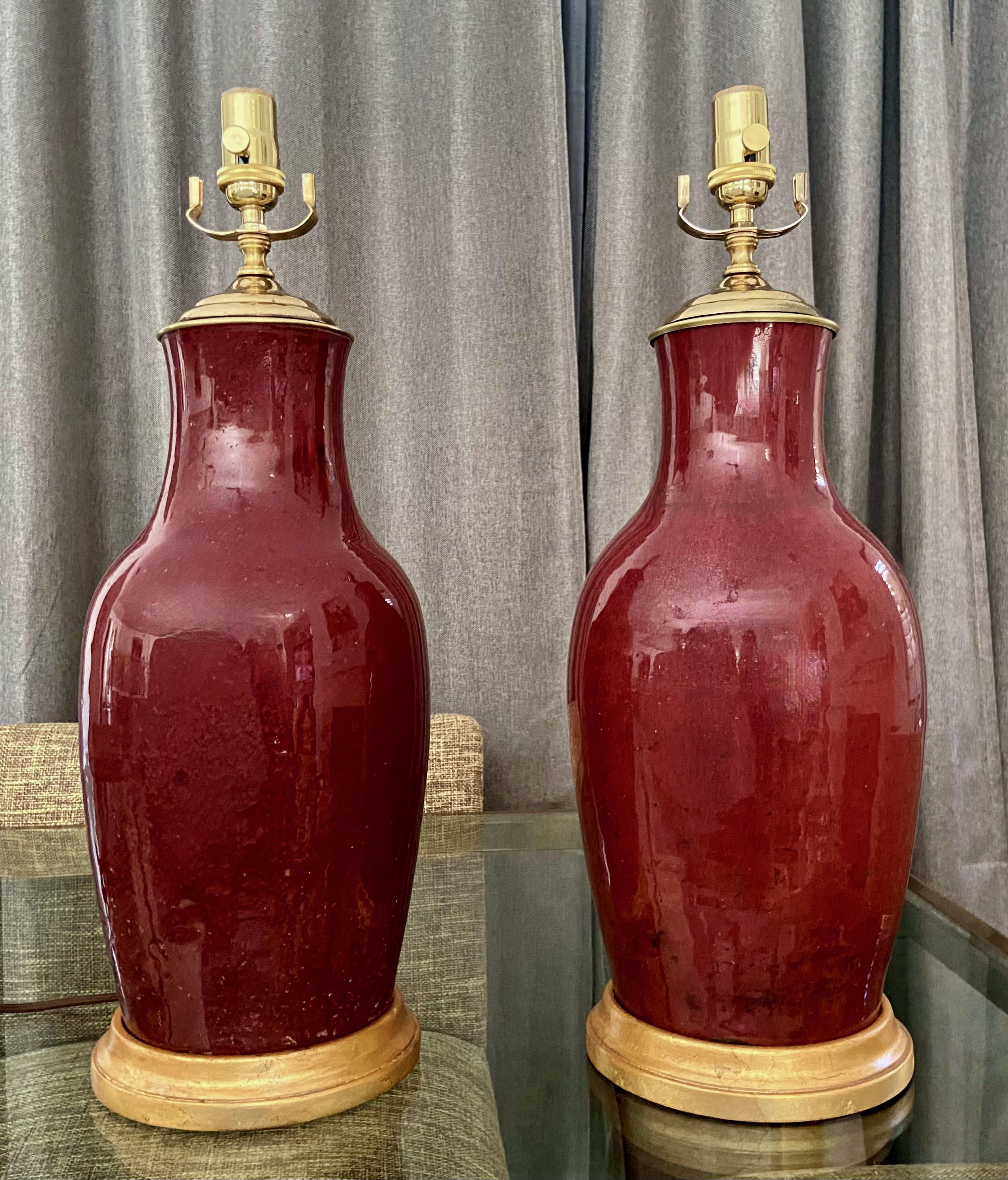Pair 19th Century Chinese Sang De Boeuf Oxblood Porcelain Table Lamps 1