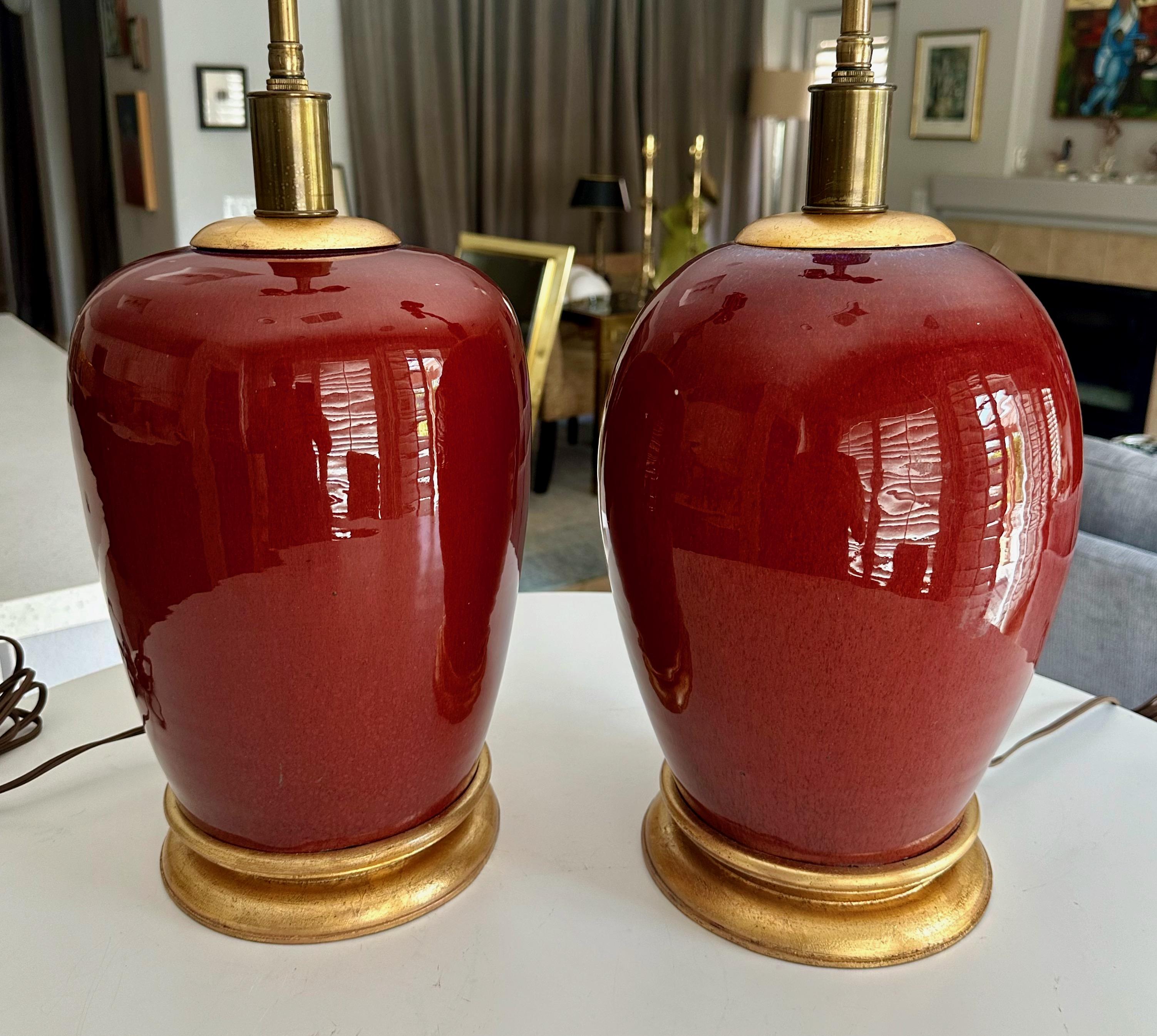 Pair 19th Century Chinese Sang De Boeuf Oxblood Porcelain Table Lamps 1