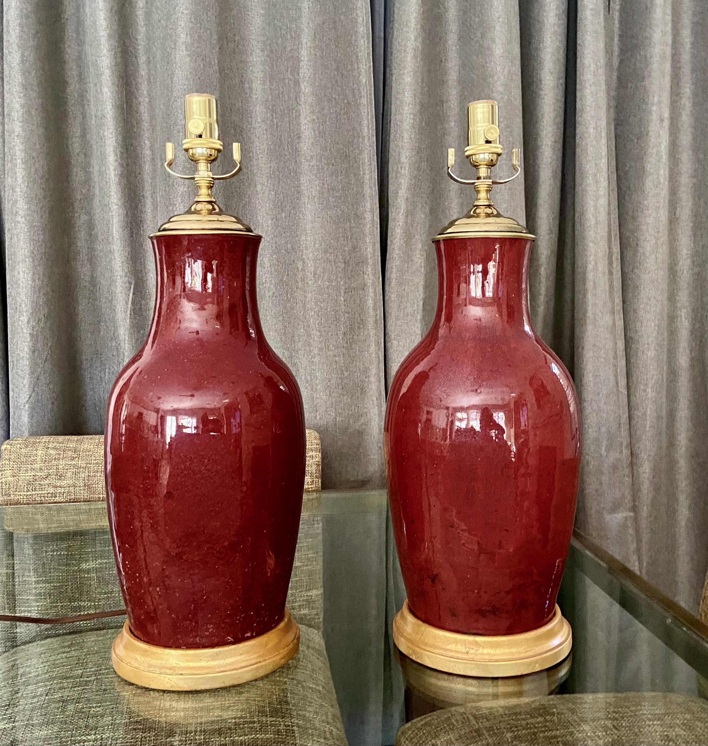 Pair 19th Century Chinese Sang De Boeuf Oxblood Porcelain Table Lamps 2